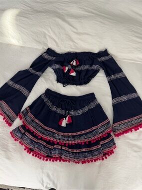 Majorelle Calypso Navy Two-Piece Off-Shoulder Pom Pom Set